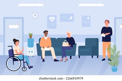 People wait in hall or reception of hospital. Cartoon patients visit doctor in medical office, woman sitting in wheelchair, persons waiting for exam in clinic interior background. Healthcare concept