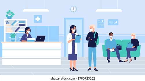 People Wait In Hospital Hall Interior Vector Illustration. Cartoon Flat Patient Woman Man Characters In Masks Sitting In Doctor Reception Room, Waiting For Doctoral Exam. Medical Healthcare Background