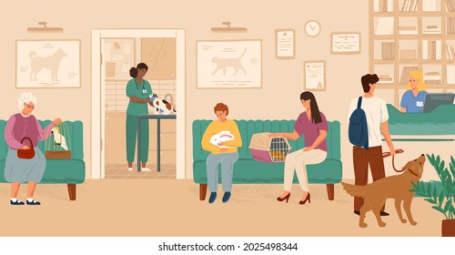 People wait in line on reception in veterinary clinic concept vector illustration. Vet hospital interior. Black veterinarian doctor examing cat on a table. Man and woman with animals