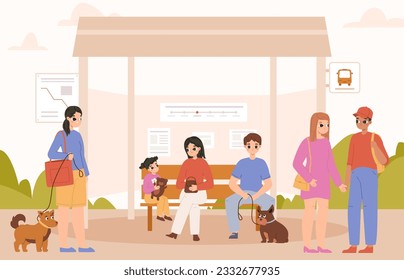 La gente espera en una parada de autobús. Tráfico urbano, adultos y niños esperando transporte público. Transporte urbano, sociedad amigable con mascotas, escena vectorial acrítica