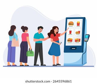 People wait for ordering food using self-service kiosk terminal Interactive display for food paying vector illustration