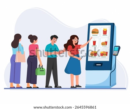People wait for ordering food using self-service kiosk terminal Interactive display for food paying vector illustration