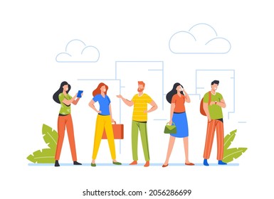 People Wait Stand in Row in Bank, Supermarket or Atm. People Waiting in Queue, Male and Female Characters Stand in Line Look on Wrist Watch, Messaging or Boring. Cartoon Vector Illustration, Clip Art