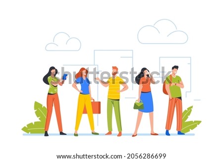 People Wait Stand in Row in Bank, Supermarket or Atm. People Waiting in Queue, Male and Female Characters Stand in Line Look on Wrist Watch, Messaging or Boring. Cartoon Vector Illustration, Clip Art
