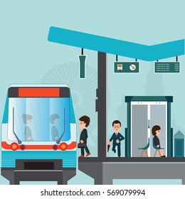 People wait for a train at Train station platform of subway or sky train, Latecomer man running along the platform to reach the train, business travel, transportation vector illustration.