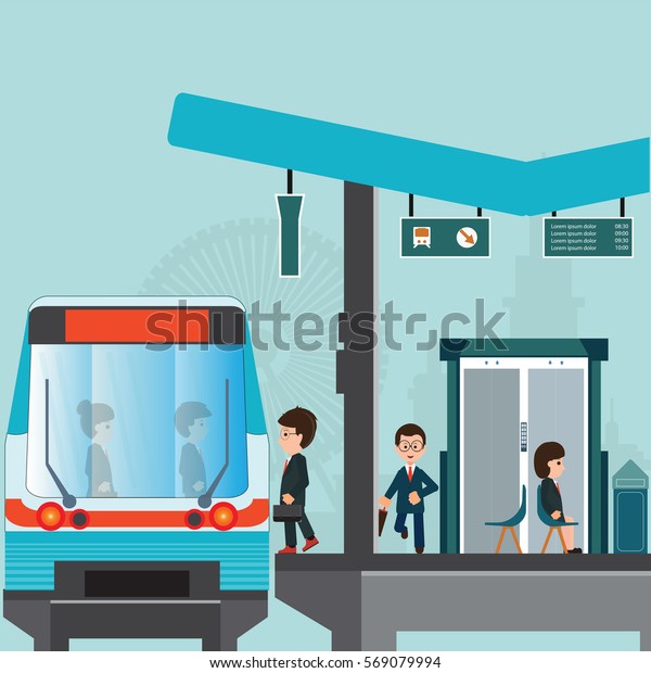 地下鉄やスカイトレインの駅ホームで電車を待ち ホームに沿って走る帰りの男性が電車に着くのを待つ のベクター画像素材 ロイヤリティフリー