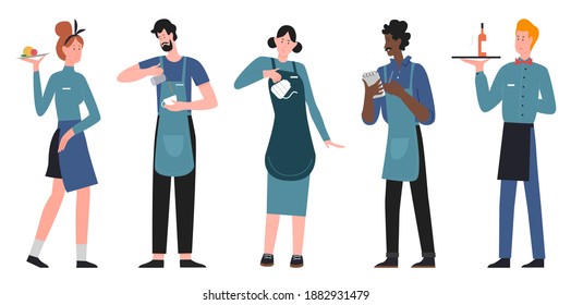 Obra de ilustraciones vectoriales de camarera y camarera. Equipo de caricaturista del restaurante, servicio de comidas, hombre de pie, bandeja con comida a pedido o bebida aislado en blanco