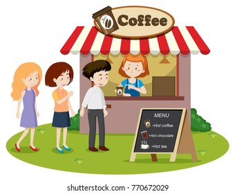 People waitin in line at the coffe stand illustration