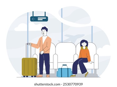 Pessoas esperando no aeroporto. Homem e mulher sentados em cadeiras e à espera de avião. Viajantes com atraso de voo. Férias e férias, turismo. Ilustração de vetor linear isolada no plano de fundo branco