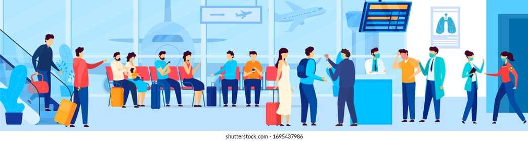 People waiting in airport queue, tourist evacuation from coronavirus epidemic region, vector illustration. Passengers in airport terminal, men and women travel with baggage. Medical precaution control