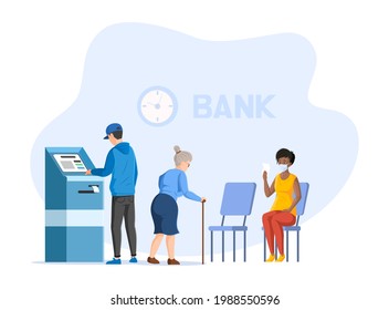 People waiting for appointment at bank office room. Girl an elderly woman waiting in queue, man taking ticket management system machine, visit financial consultation center with waiting room reception