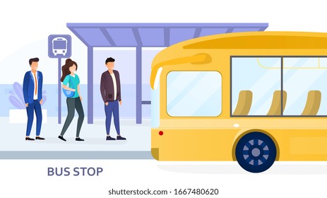 People waiting for arriving bus at bus stop. City public transportation poster with yellow bus and three passengers waiting in line to enter the vehicle