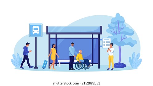 People waiting for autobus. City passengers with luggage waiting public transport at bus stop. Urban infrastructure. Students, senior man in wheelchair standing at station platform. Vector design