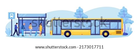 People Waiting for Autobus on Station Platform. Passengers Standing at Bus Stop. Urban Infrastructure. Woman with Luggage, Elderly Man going to Public Transport. Vector design