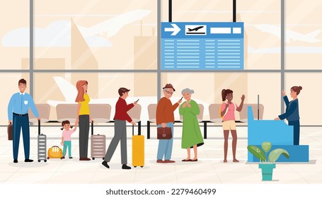 People waiting for the boarding at the airport. Transportation, holiday, travel, destination concept illustration.