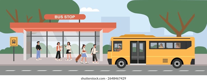People waiting for bus. City transportation. Bus transportation. Bus transit at the shelter. City landscape. Public transportation.
