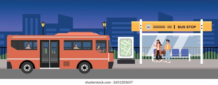 People waiting the bus at night. Bus shelter in the city. City night building. Bus pickup point.