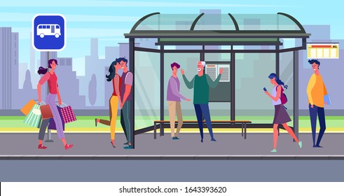People waiting bus on bus stop. Passenger, commuter, roadside flat vector illustration. Transportation, town, traffic concept for banner, website design or landing web page