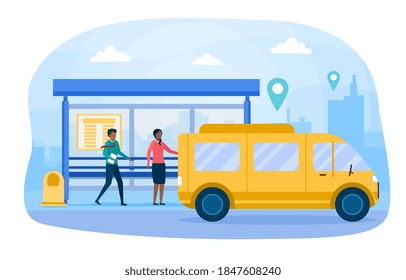 People waiting for bus on bus stop or station. Urban transportation means. Public transport. City infrastructure. Flat cartoon vector illustration with fictional characters