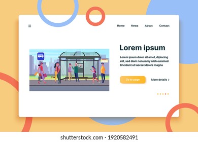 People waiting bus on bus stop. Passenger, commuter, roadside flat vector illustration. Transportation, town, traffic concept for banner, website design or landing web page