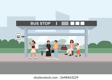 People waiting bus. People at bus shelter. City transportation. Public transportation. Commuting people. Bus stop place.