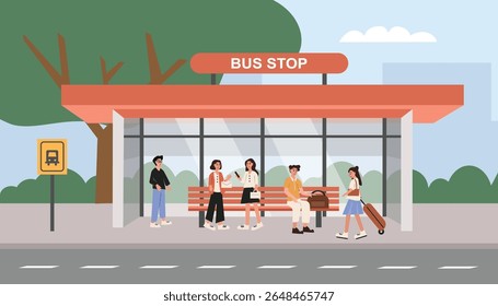 People waiting bus at shelter. People standing at bus shelter. People talking when waiting bus. Modern bus shelter.