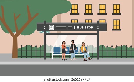 People waiting bus at shelter. People talking at bus shelter. Bus station.  Pickup point. City building. Urban transportation.
