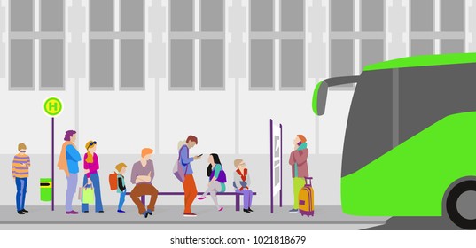 People Waiting For The Bus At Bus Stop In The City