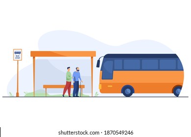 People waiting for bus at bus stop. Grandfather, vehicle, transport flat illustration. Transportation and urban lifestyle concept for banner, website design or landing web page