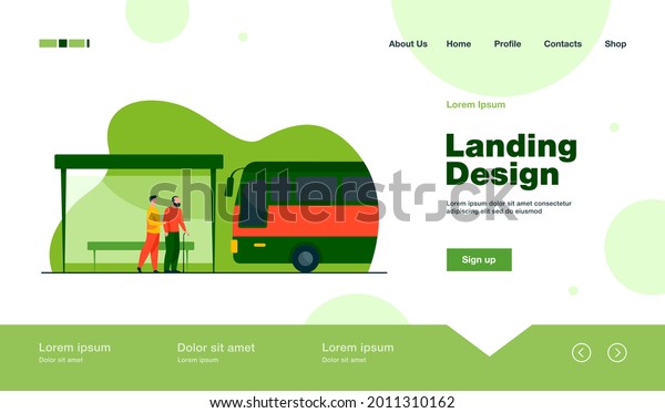 People waiting\
for bus at bus stop. Grandfather, vehicle, transport flat\
illustration. Transportation and urban lifestyle concept for\
banner, website design or landing web\
page