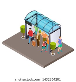 People are waiting for the bus at the bus stop isometric vector illustration. Bus isometric stop with bench
