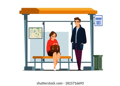 People waiting at bus stop. Man standing, woman sitting on bench outdoor. Public transport vector illustration. Front view of busstop with map and sign banner. Urban route.