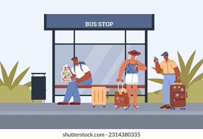 People waiting at the bus stop. Man studies map, checks ticket, woman looks at her watch. Transport station at country landscape. Vector illustration of disproportionate line art characters.