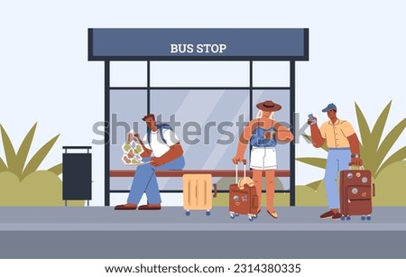 People waiting at the bus stop. Man studies map, checks ticket, woman looks at her watch. Transport station at country landscape. Vector illustration of disproportionate line art characters.