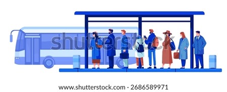 People waiting bus stop public transportation urban commuters winter clothes diverse group modern city scene blue color palette
