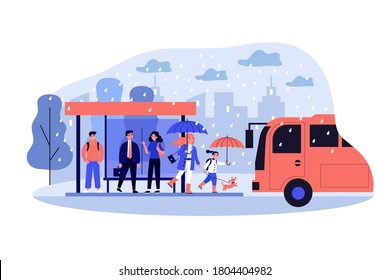 People waiting for bus at bus stop in rainy day. City, vehicle, road, rain flat vector illustration. Public transport and weather concept for banner, website design or landing web page