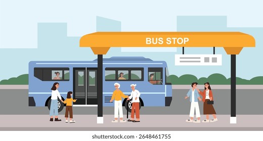 Pessoas esperando pelo ponto de ônibus. Pessoas na estação de ônibus. Parada de ônibus. Rota do ônibus. Transporte público na cidade. Transporte público pendular à espera.