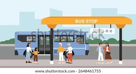 People waiting for bus stop. People standing at bus station. Bus stop. Bus route. Public transportation in the city. Commuter waiting public transportation.