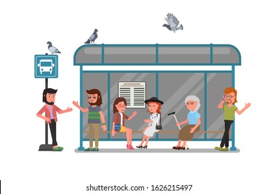 People are waiting for the bus at the bus stop. Vector illustration, flat style.