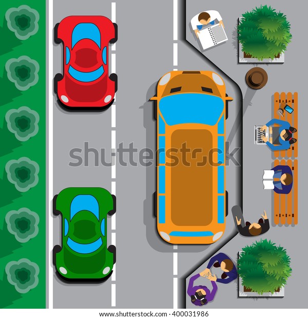People\
waiting for a bus at the bus stop.. View from above. Vector\
illustration. Applique with realistic\
shadows.