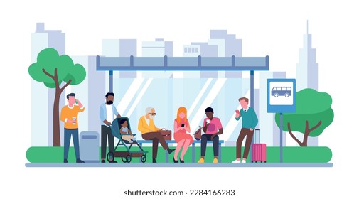 Gente esperando el autobús en la parada de tránsito. Estación de transporte público. Personas sentadas en el banquillo. Tráfico urbano. Servicio de transporte. Hombres y mujeres parados en la acera