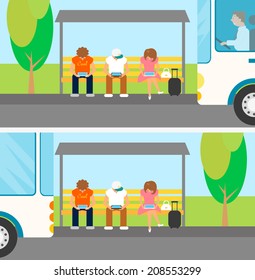 People waiting bus and using mobile gadgets such as smartphone and tablet and sitting on bus stop. School bus arrived and departed but pupils still use gadgets. Flat fun concept of networks addiction