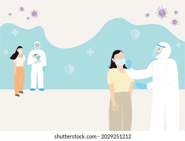 People waiting covid test and doctor in protective suit taking a nasal swab to collect samples for laboratory test. Concept of COVID 19 test. Vector Illustration.