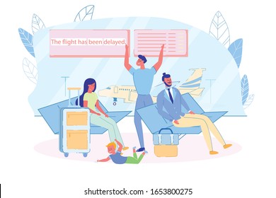 People Waiting for Delayed Flight in Aeroport. In Waiting Room, People are Upset because their Flight will Take Place Later. Angry Man Threw up his Hands, and Little Boy Lay on Floor and Hysterical.