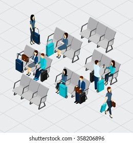 People waiting for departure at the airport with luggage isometric vector illustration 