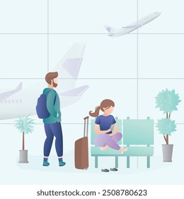 Las Personas están esperando la salida en el aeropuerto, personajes masculinos y femeninos con gadgets y equipaje, avión en el fondo, Ilustración vectorial en estilo de moda