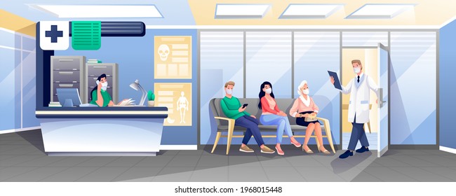 People waiting for doctor appointment in queue. Patients sitting in hospital, receptionist working at desk, medical professional at door vector illustration. Health care scene.