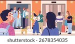People waiting elevator. Crowd man woman wait line to lift inside lobby hall office building interior, employee group person stand queue door lifts gate, classy vector illustration