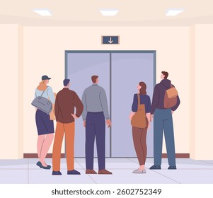 People waiting elevator. Crowd stand near closed lift doors, male female in casual clothes in office or apartment building hall. Flat vector scene