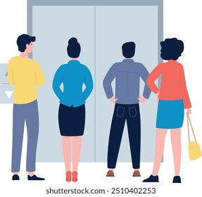 People waiting for elevator. Standing men and women back view